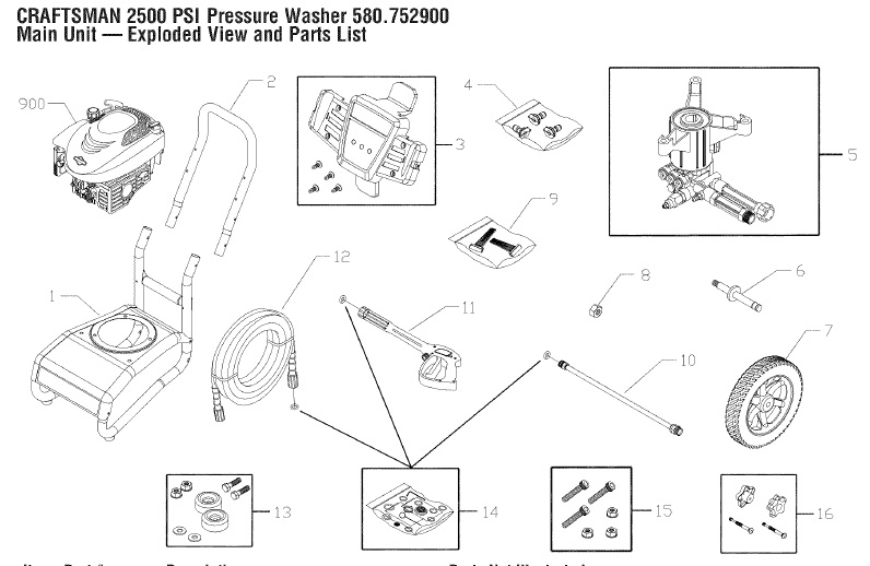 Sears Craftsman Power Washer 580752900 Replacement Parts